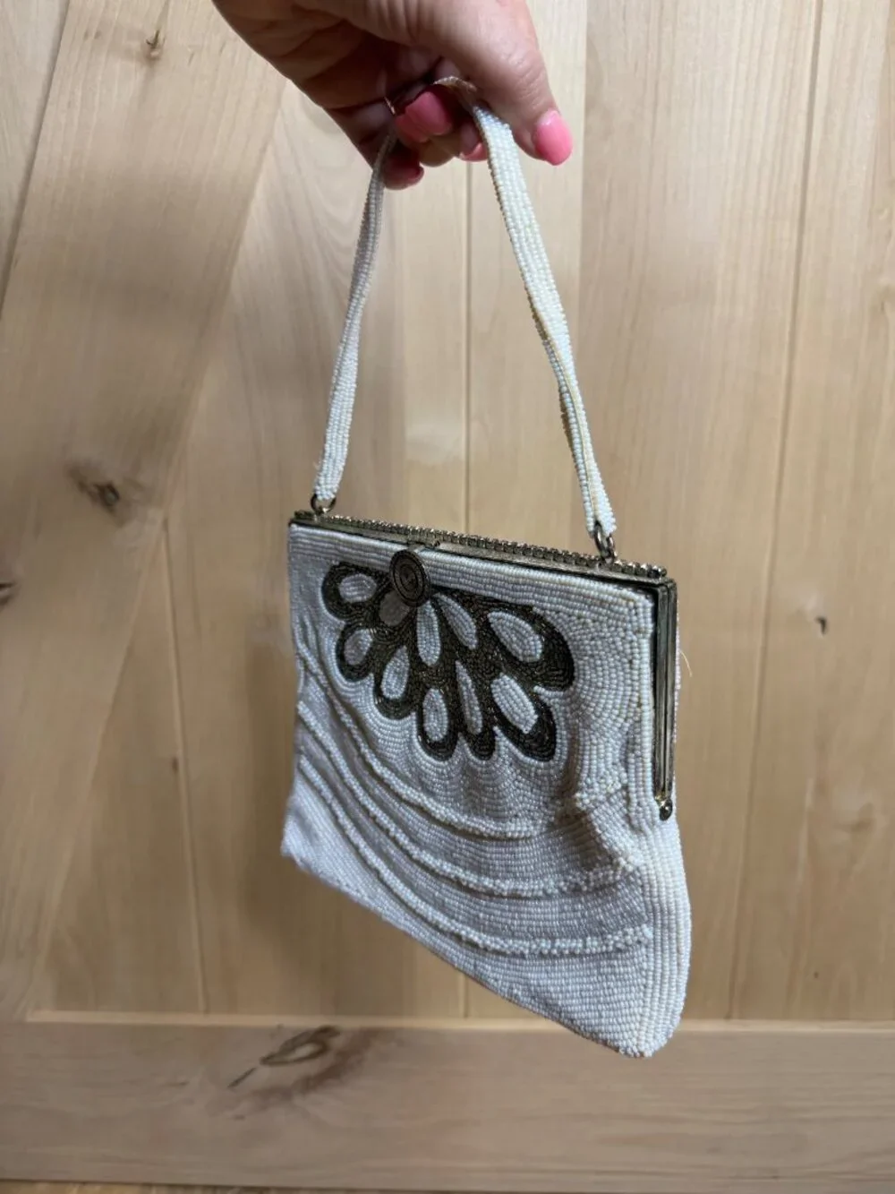 Vintage 1950s Beaded Evening Bag Ivory Pearl Japan Clutch Purse Floral Metal Fra